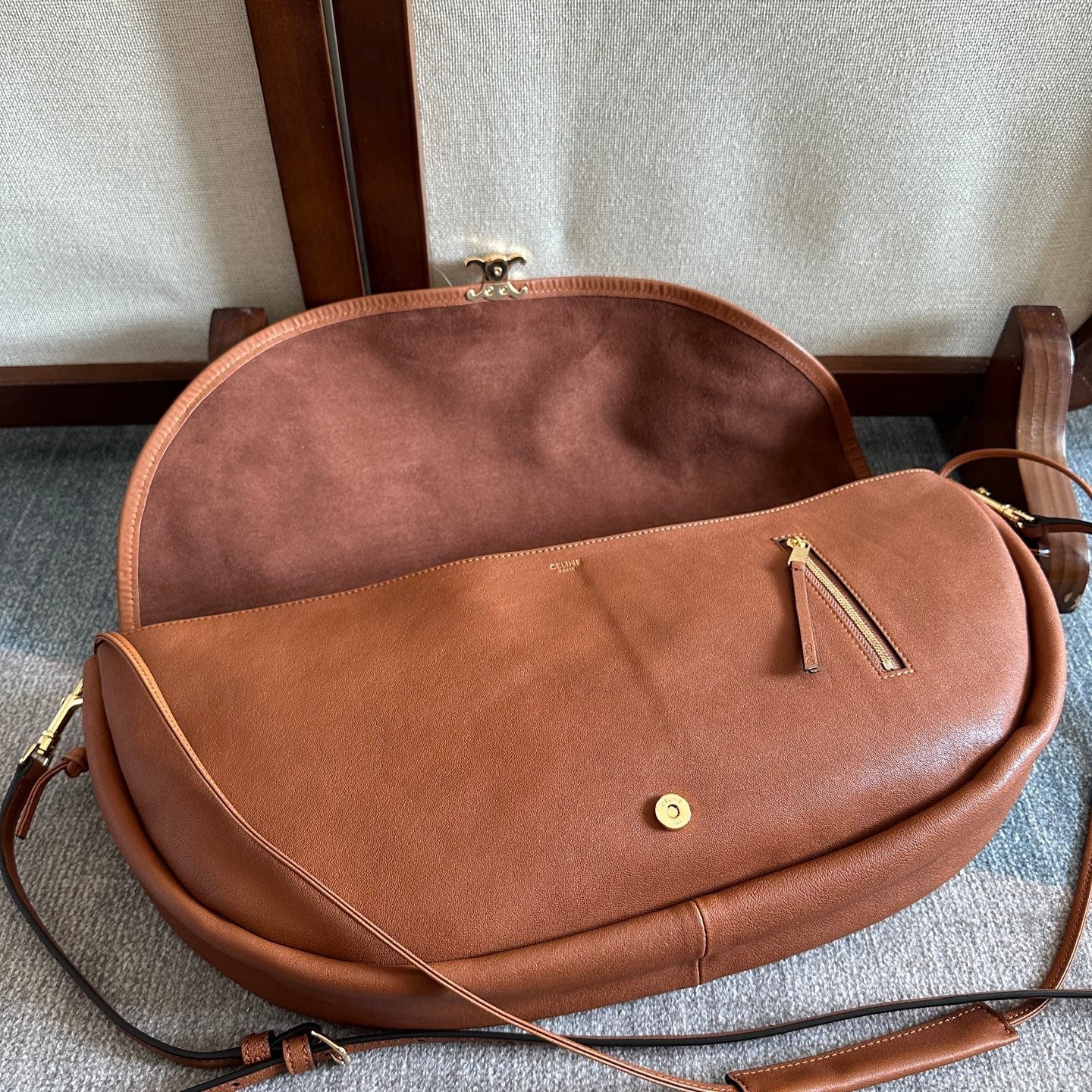 Celine 2025 Halfmoon Soft Triomphe Bag Brown Shiny Lambskin