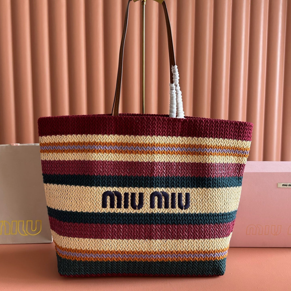 Miu Miu 2026 Striped Tote Bag 40cm Multicolor Woven Raffia-Effect