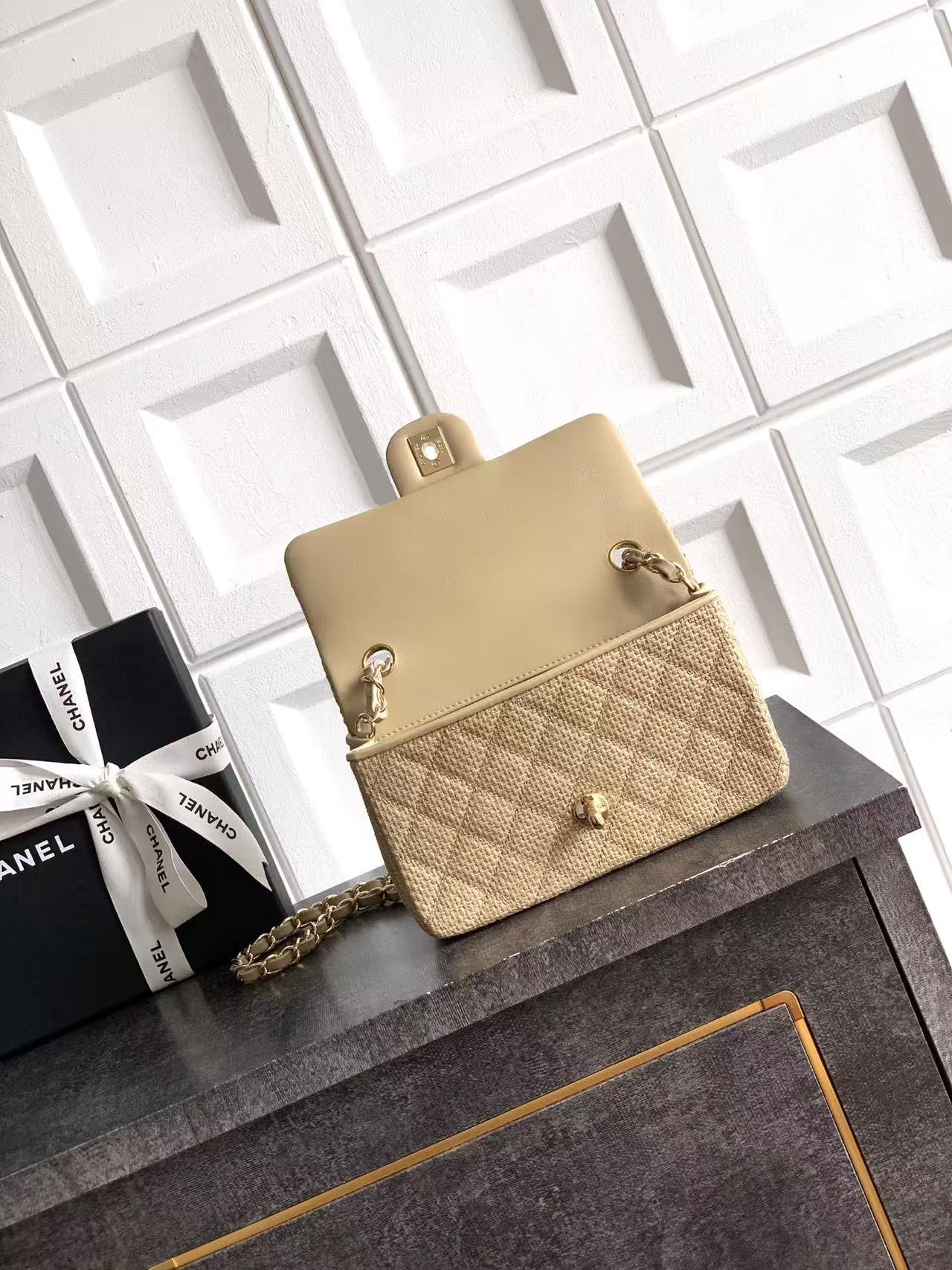 Chanel 2026 Classic Bag 20cm Beige Raffia Leather