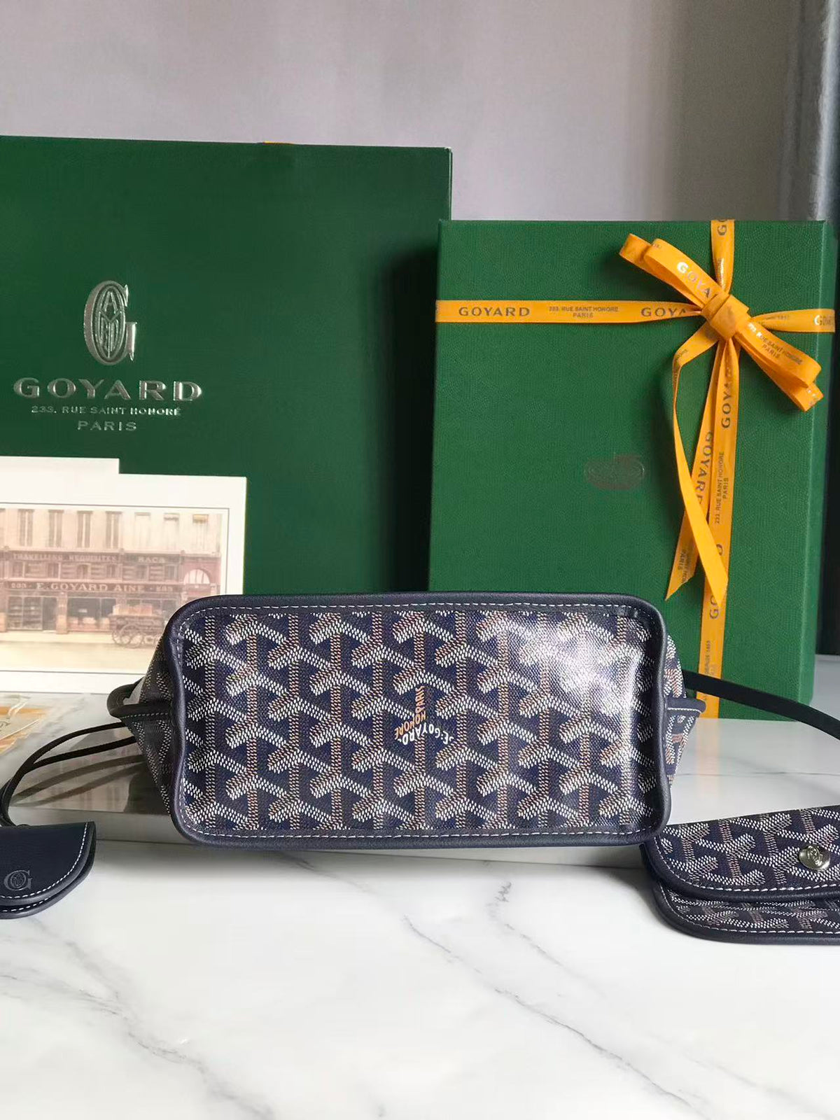 Goyard 2026 Anjou Mini Bag Navy Blue Canvas Chevroches Calfskin