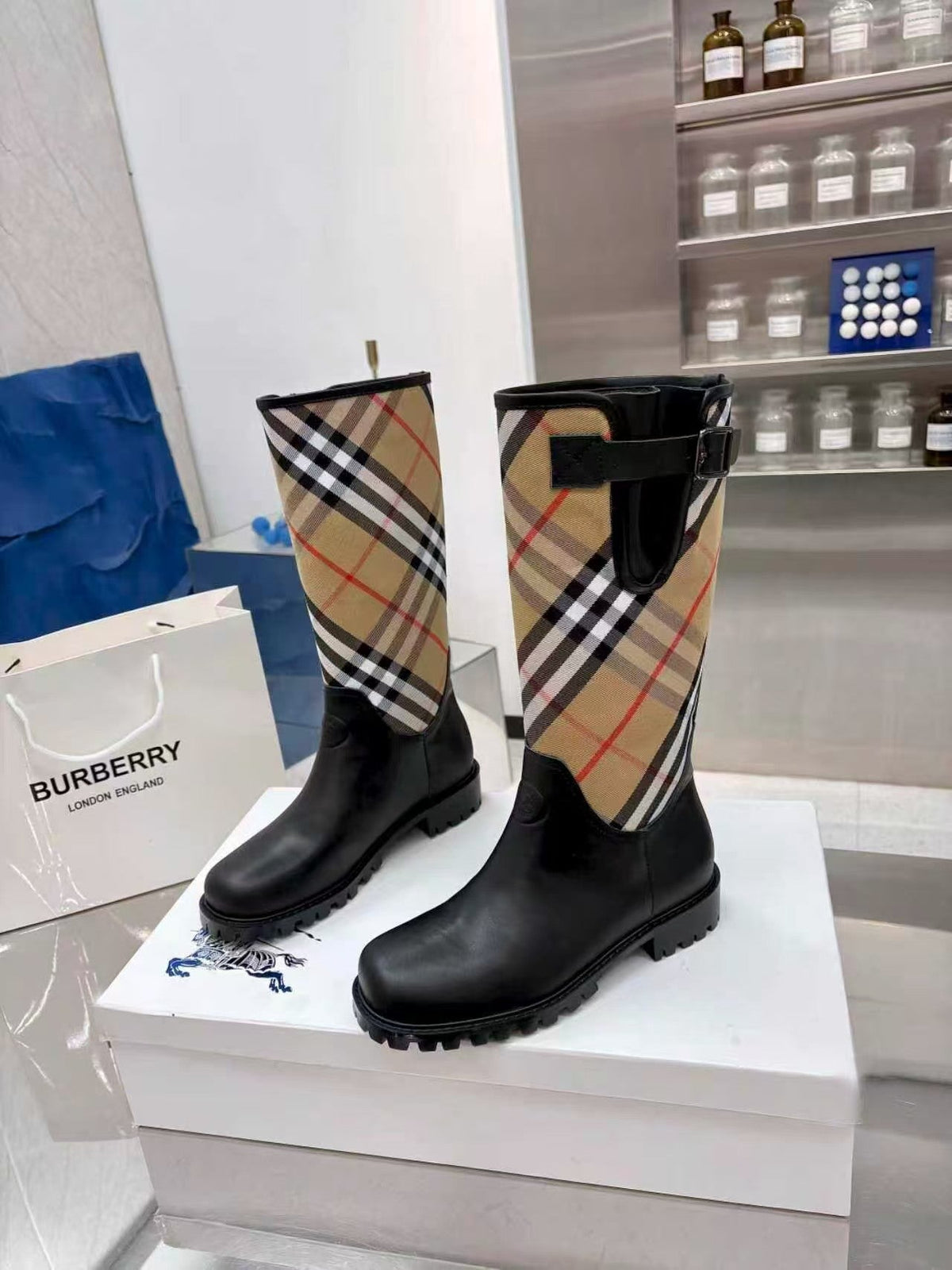Burberry 2026 Marsh Stamp High Boots Black Beige Rubber Nylon