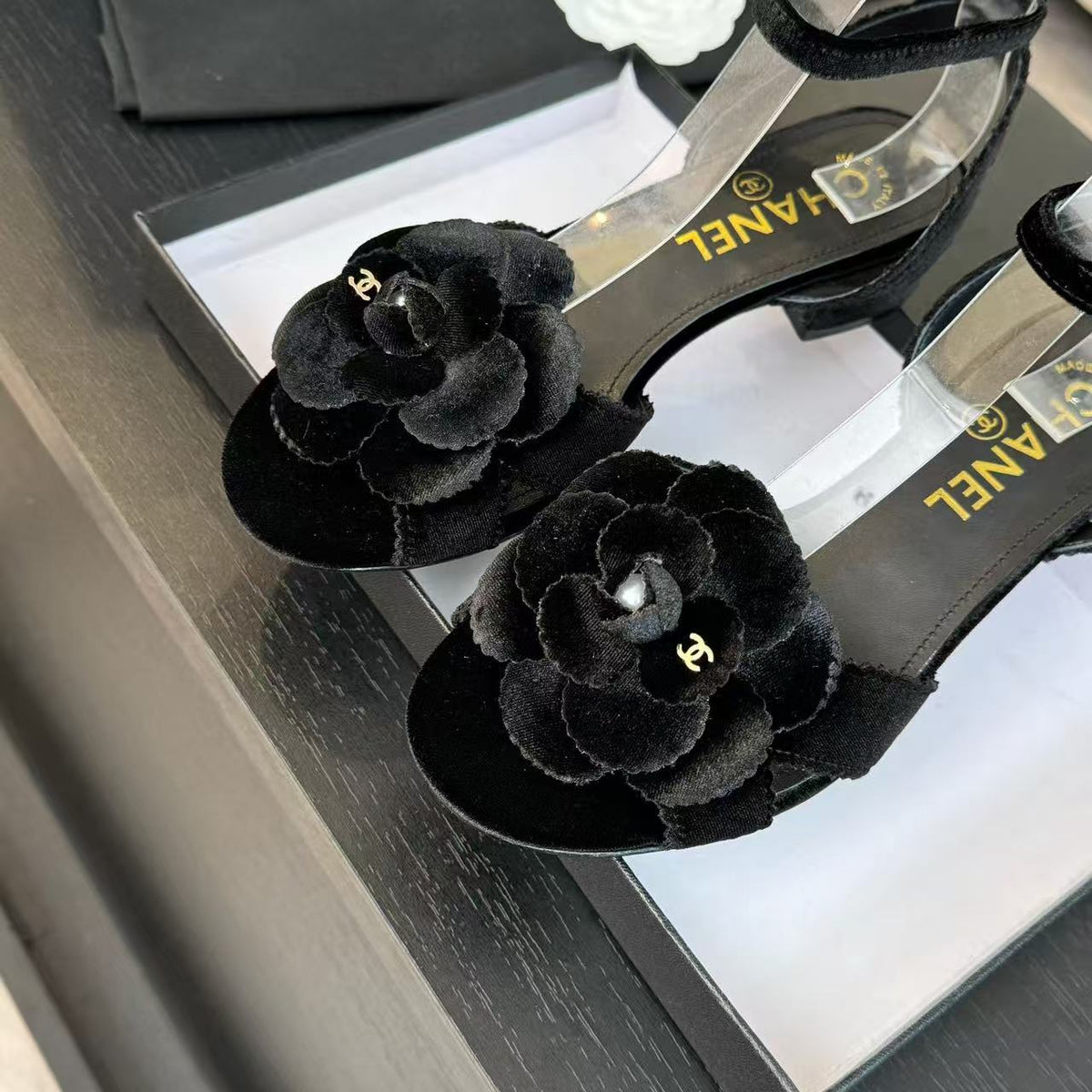 Chanel 2026 Camellia Sandals Black Velvet