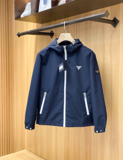 Prada Stand-up Collar Hooded Jacket Dark Blue and Khaki nylon
