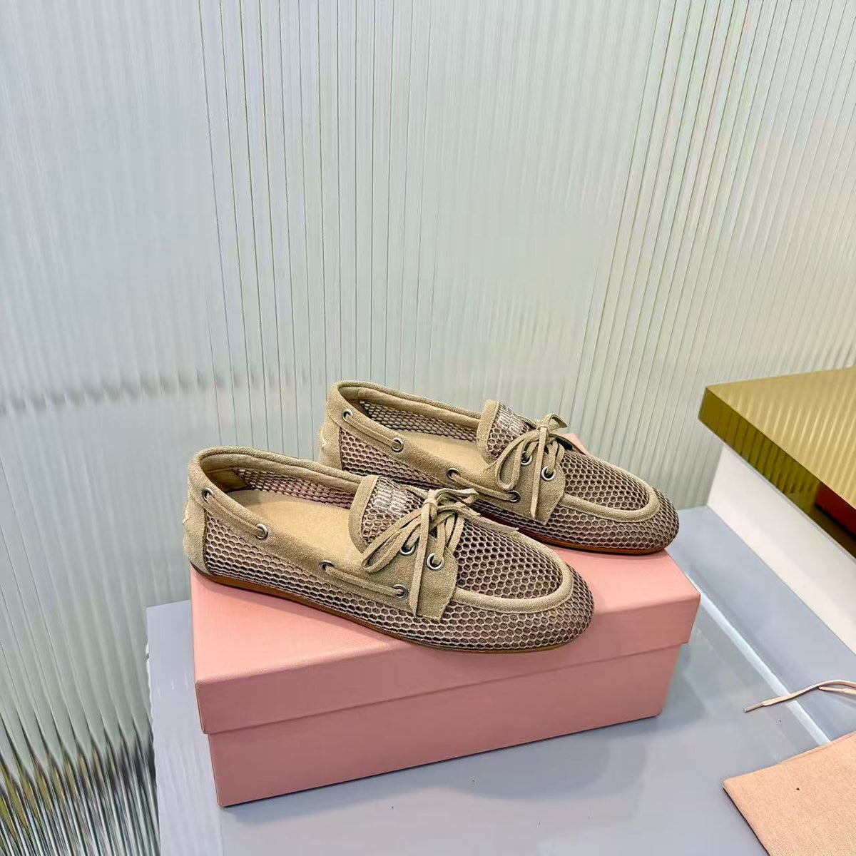 Miu Miu 2026 Mocassin Beige Suede Mesh