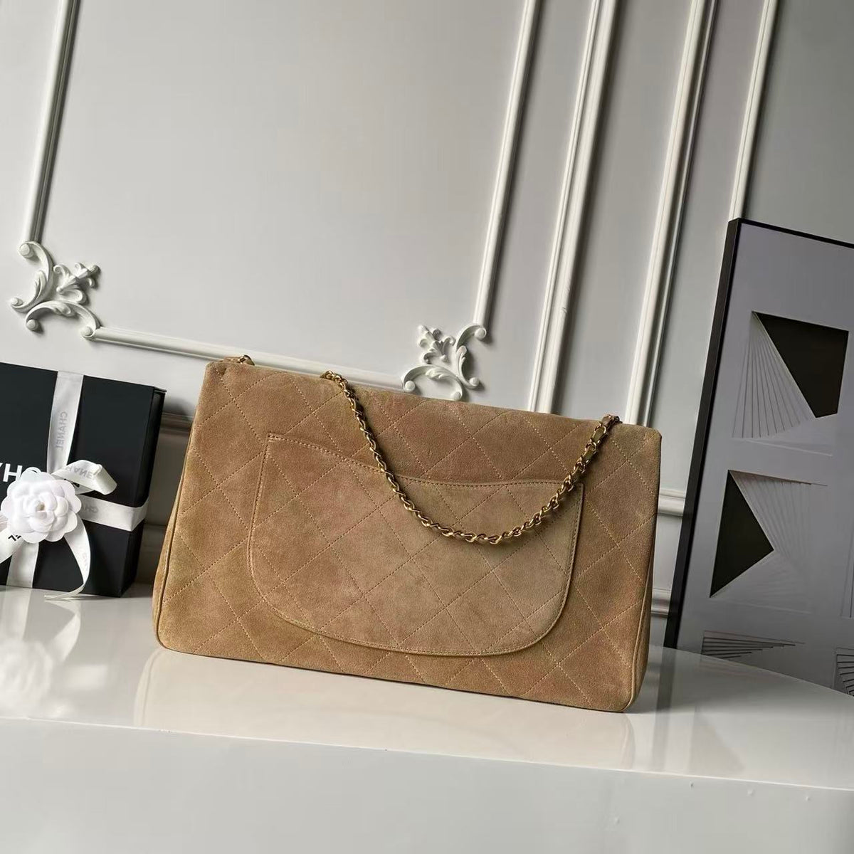 Chanel 2026 Souplissimo Maxi Flap Bag 39cm Dark Beige Suede Leather