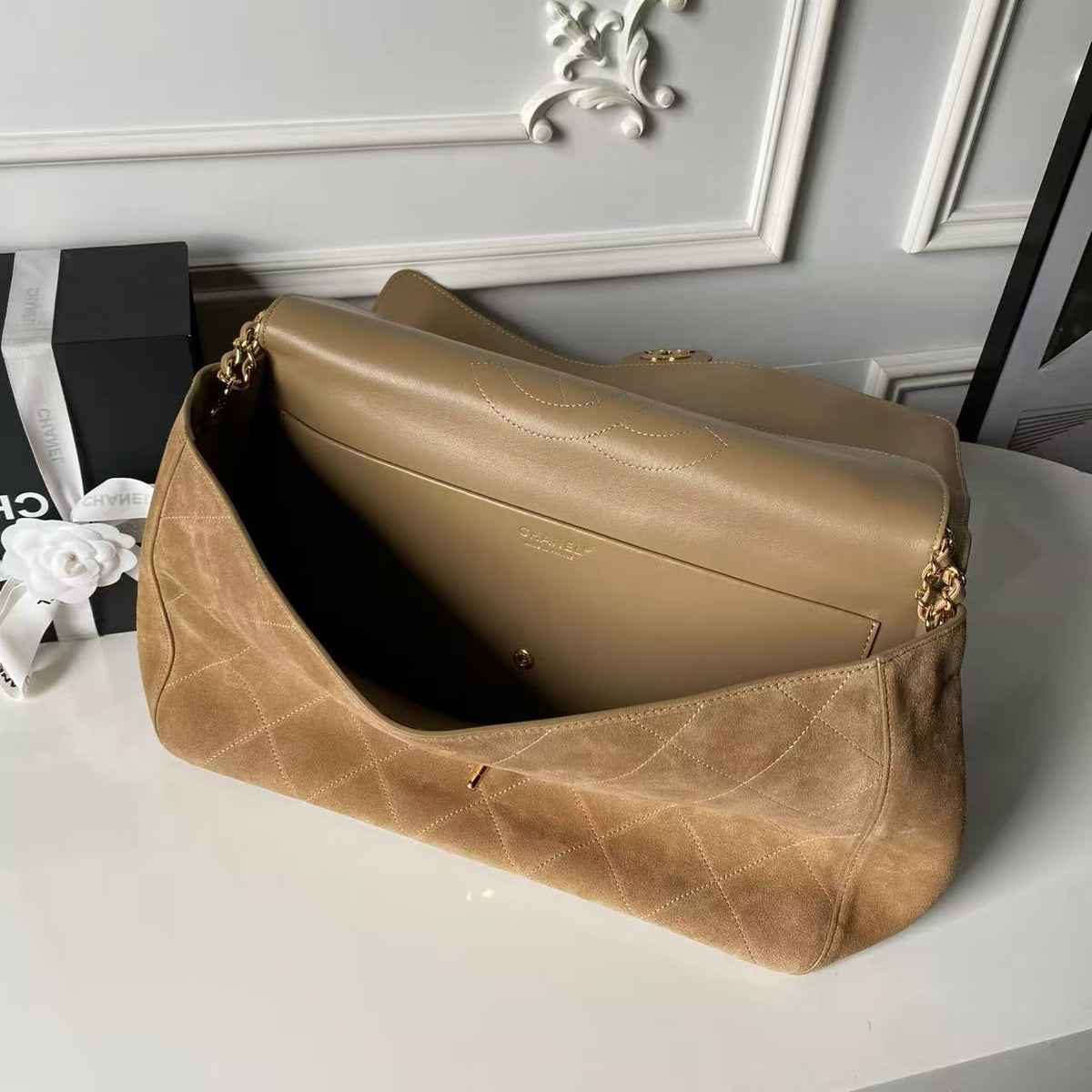 Chanel 2026 Souplissimo Maxi Flap Bag 39cm Dark Beige Suede Leather