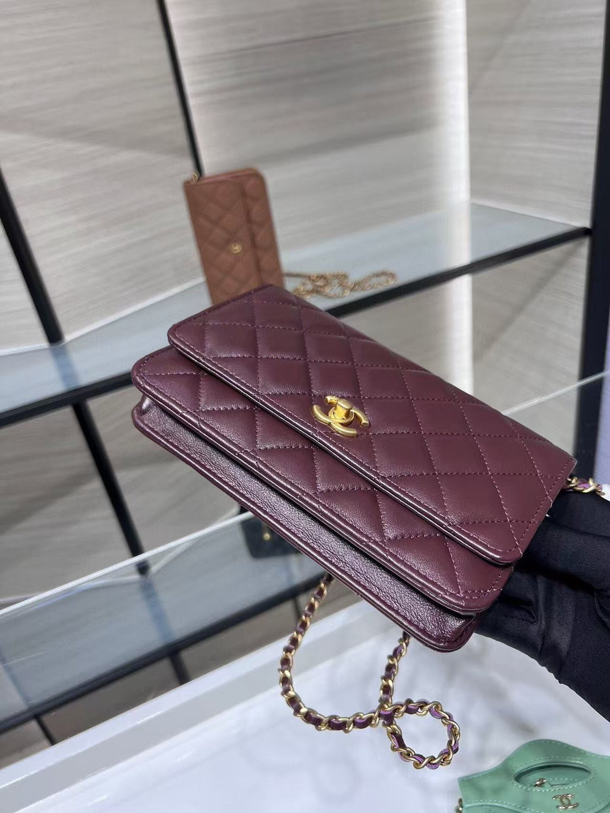 Chanel 2026 Quilted Wallet On Chain 19cm Burgundy Leather