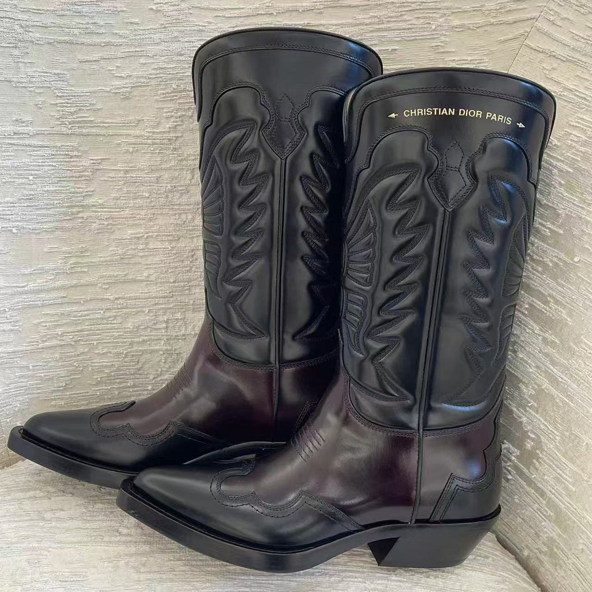 Dior 2026 Cowboy Mid-Calf Boots Burgundy Black Leather