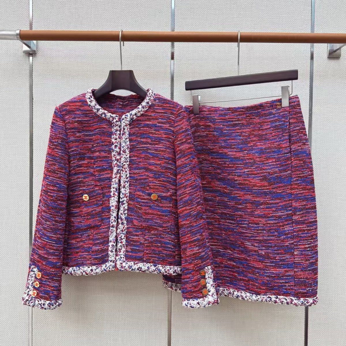 Chanel 2026 Jacket And Skirt Set Red Blue Tweed