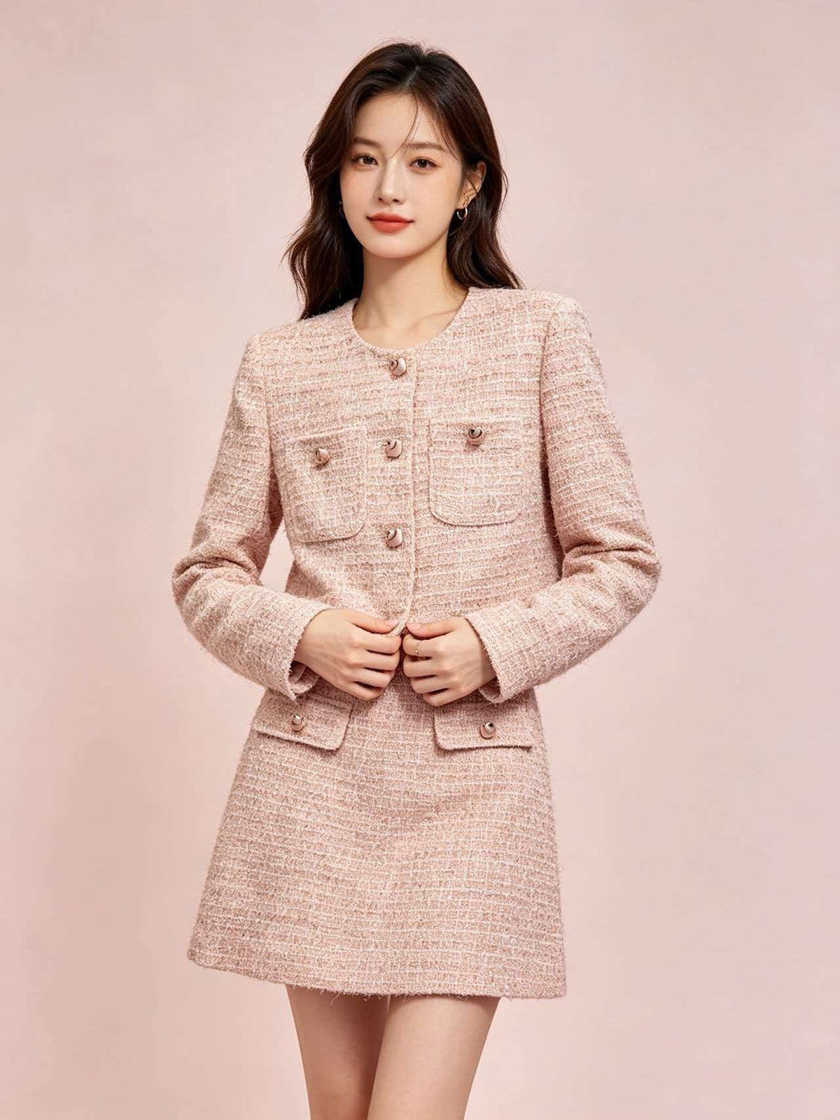 Chanel 2026 Cropped Long-Sleeved Jacket Skirt Set Light Pink Tweed