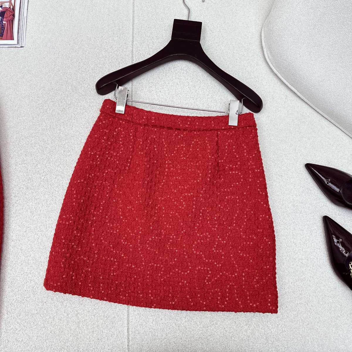 Chanel 2026 Short Jacket And Skirt Set Red Tweed