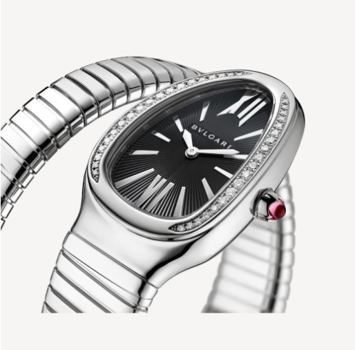 Bulgari Serpenti 35mm Tubogas Single Spiral Steel Diamonds Black Dial
