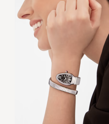 Bulgari Serpenti 35mm Tubogas Single Spiral Steel Diamonds Black Dial
