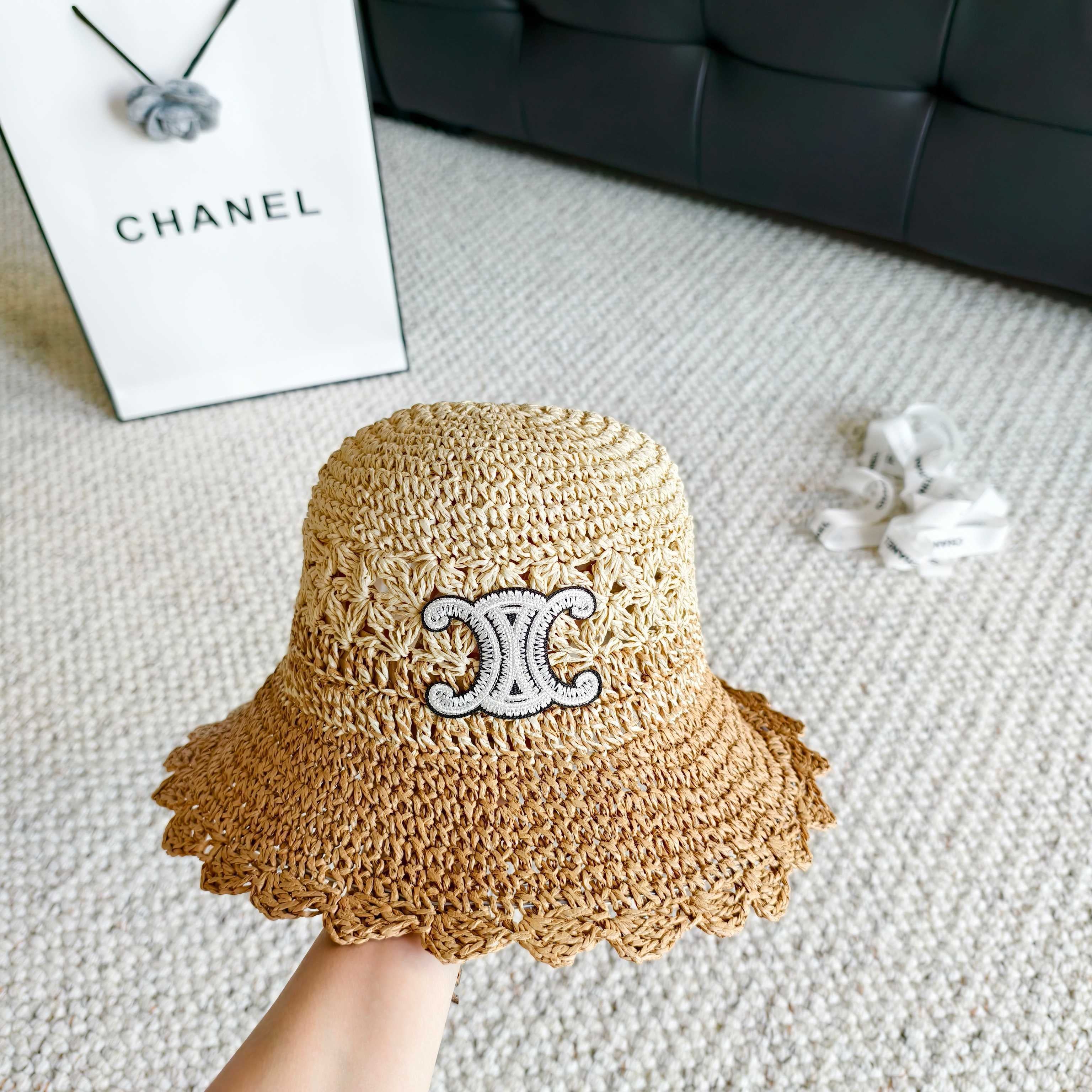 Celine Hollow-out Woven Arc de Triomphe Straw Bucket Hat 322140