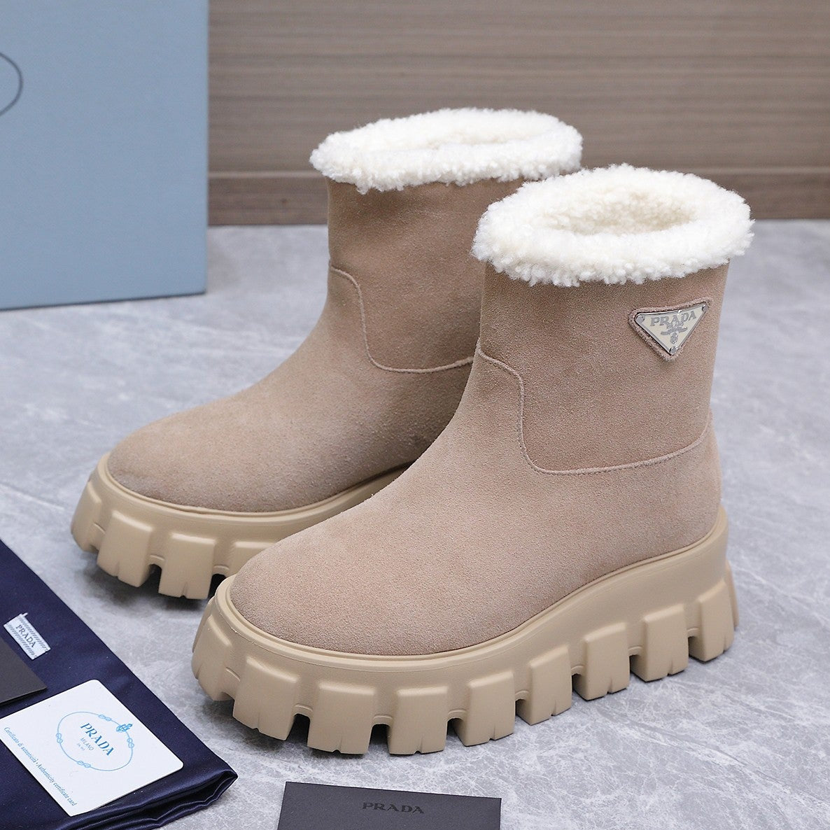 Prada 2026 Platform Ankle Boots 65mm Suede Wool 170757
