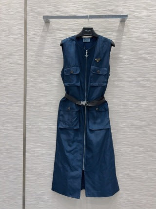 Prada 2025 Sleeveless Zipper Dresses Blue and Black Poliamide