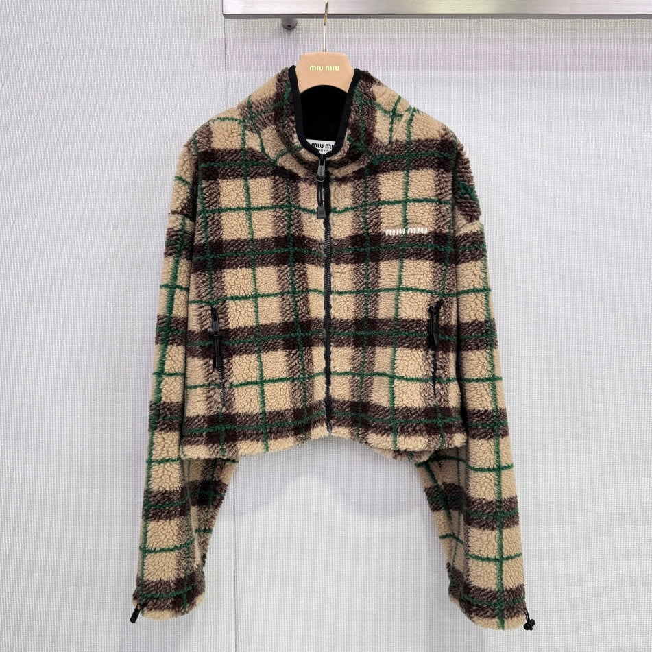 Miumiu 2025  Teddy Fleece Short Jacket Beige Mix Color Wool Polyester