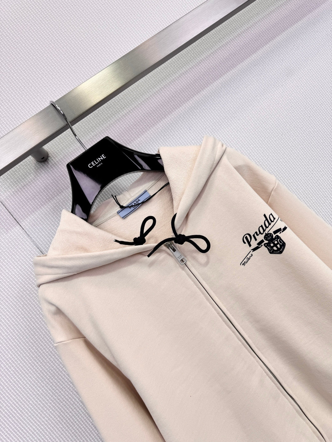 Prada 2025 Hooded Zip-up Sweatshirt Beige Cashmere