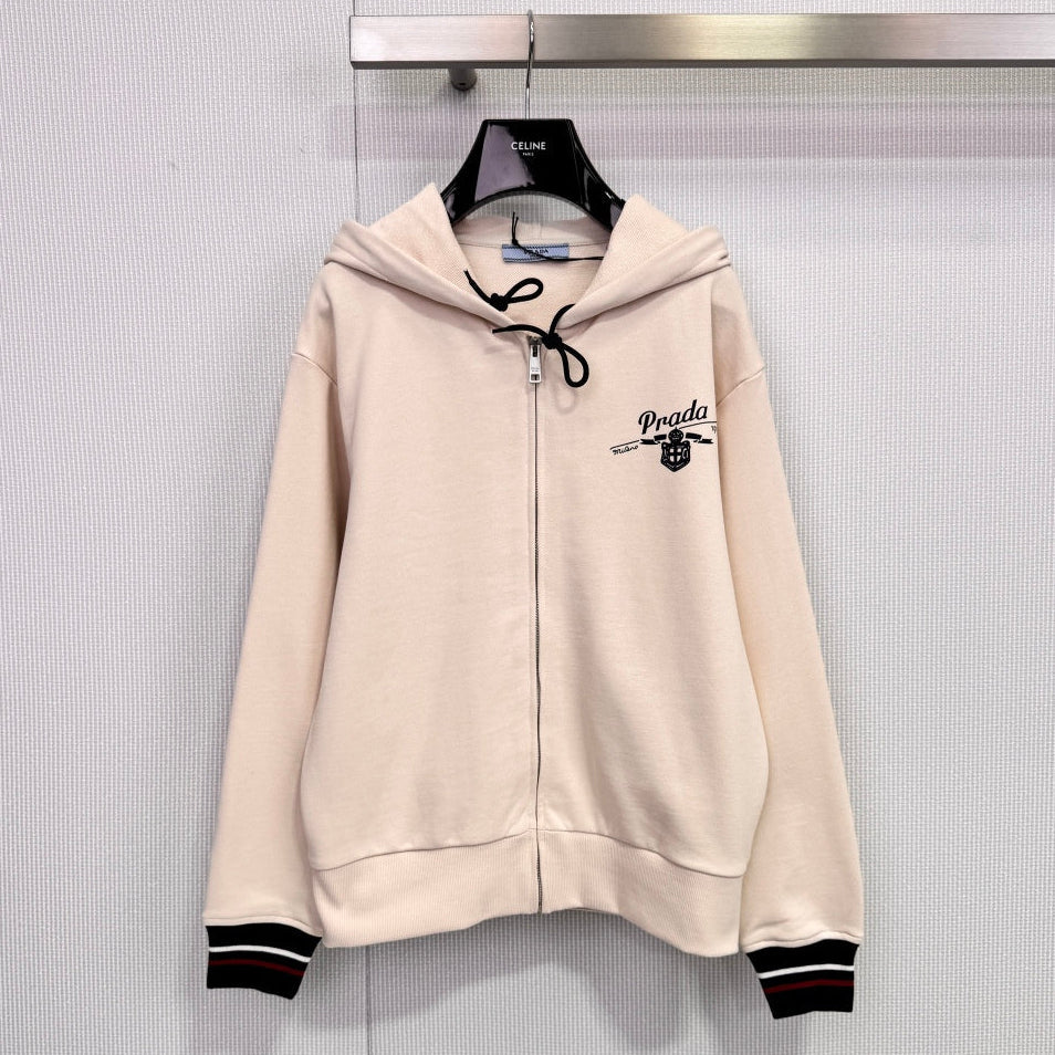 Prada 2025 Hooded Zip-up Sweatshirt Beige Cashmere