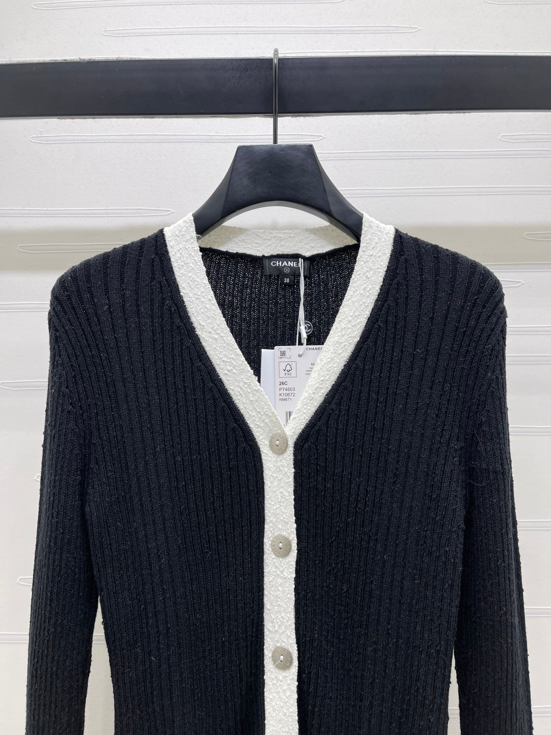 Chanel 2026 V-neck Knit Cardigan White and Black Wool Viscose