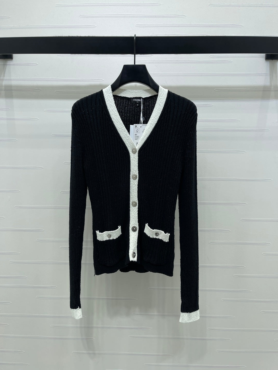 Chanel 2026 V-neck Knit Cardigan White and Black Wool Viscose