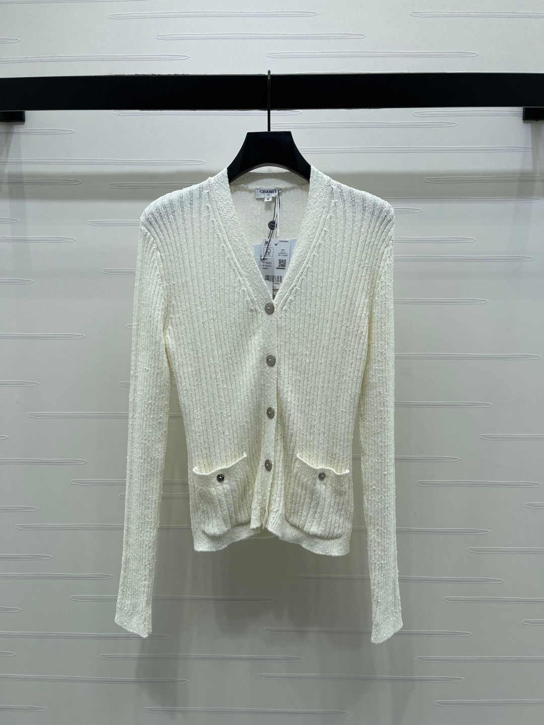 Chanel 2026 V-neck Knit Cardigan White and Black Wool Viscose