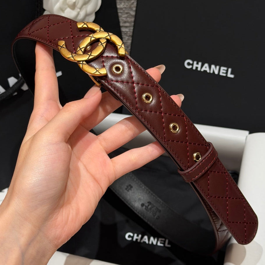 Chanel 2026 CC Buckle Gold Waist Belt Burgundy