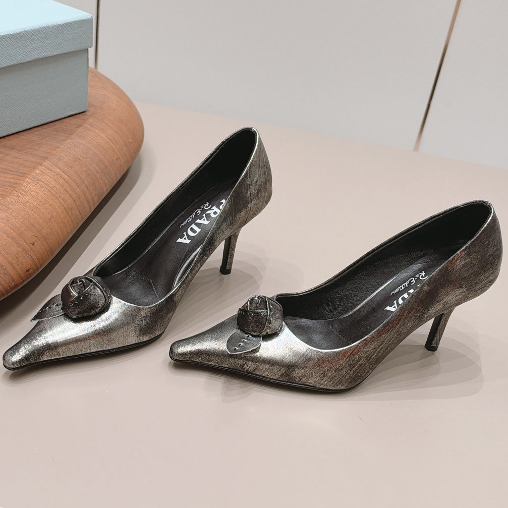 Prada 2026 Rosette Pointed-Toe Shoe 80mm Suede Leather 176075