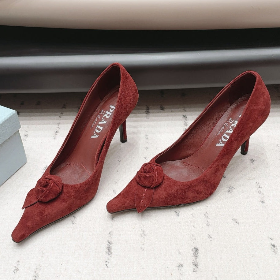 Prada 2026 Rosette Pointed-Toe Shoe 80mm Suede Leather 176075