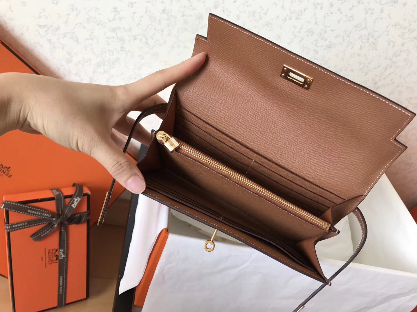 Kelly Long Wallet 20cm Brown Epsom Leather