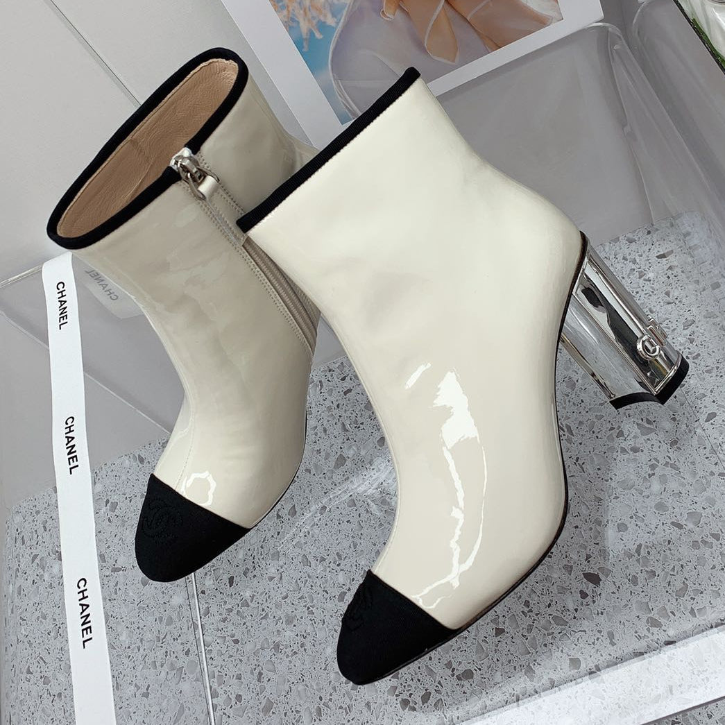 Chanel 2026 Bicolor Cap-Toe Boots 85mm Patent Leather 162120