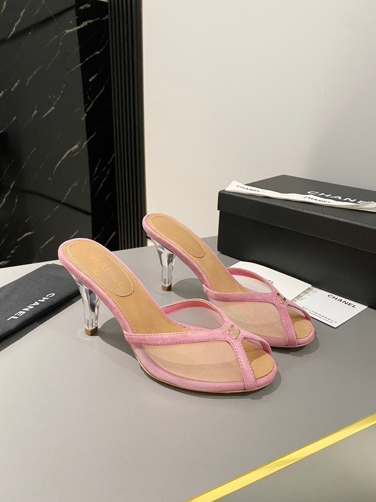 CC 2026 High Heeled Slippers 70 Mesh Suede