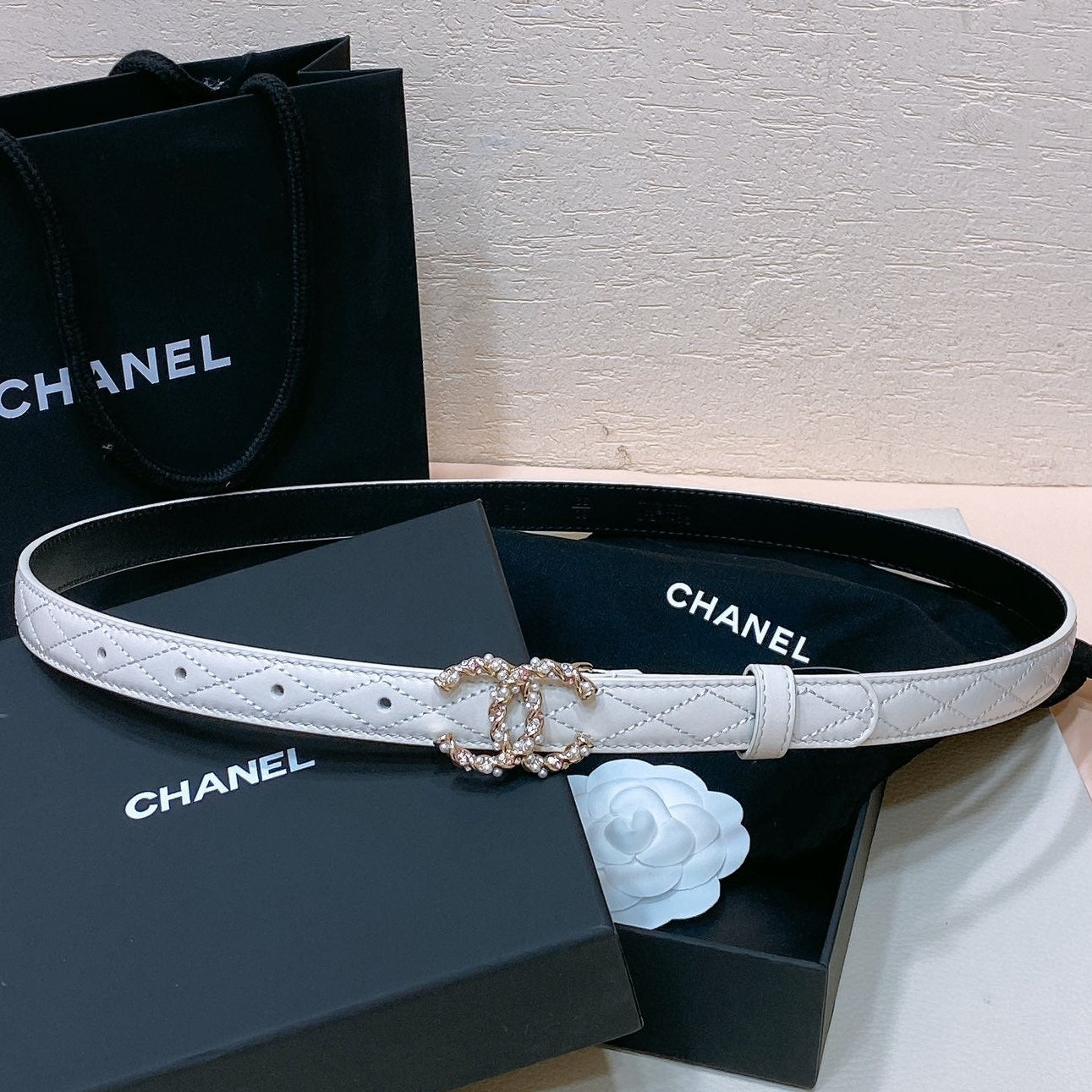 Chanel 2026 Pearl Rhinestone Buckle Belt 20mm Lambskin