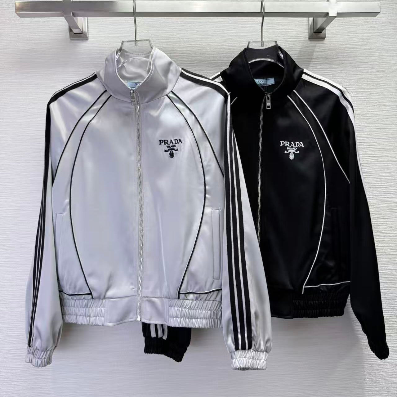 Prada 2025 Striped Patchwork Jacket Black And White Polyester