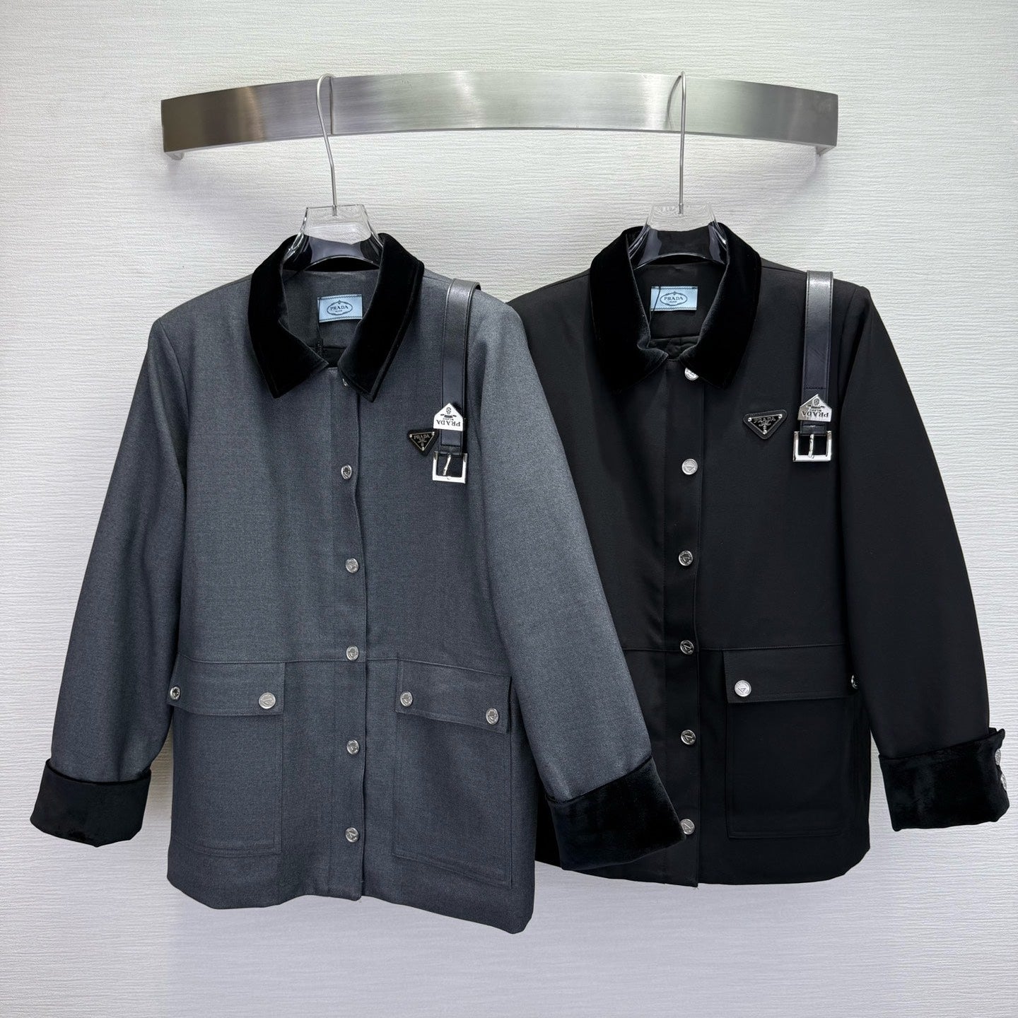 Prada 2025 Jacket With Belt Black and Gray Cotton Wool
