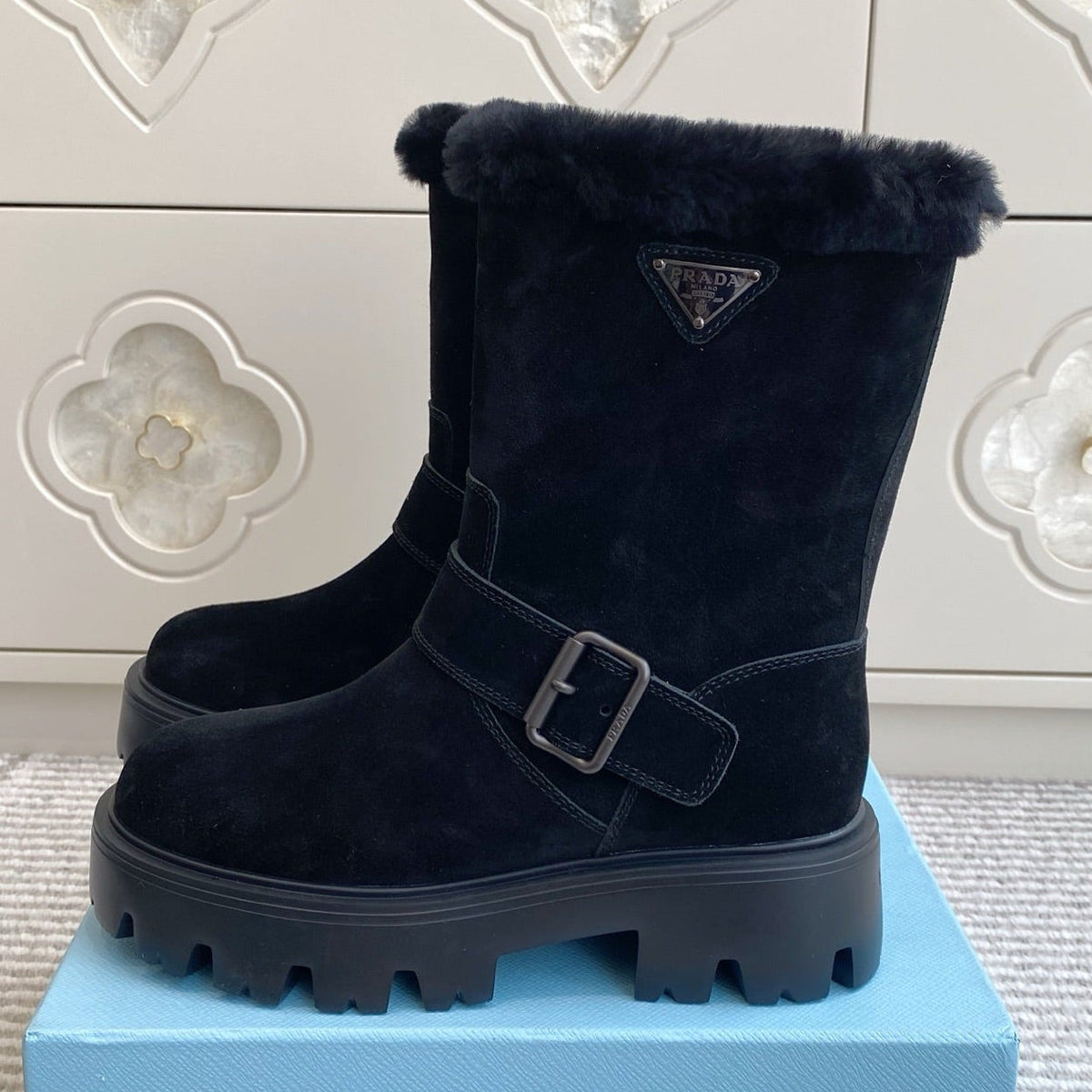 Prada 2026 Biker Platform Boots Suede Cowhide Wool 147125