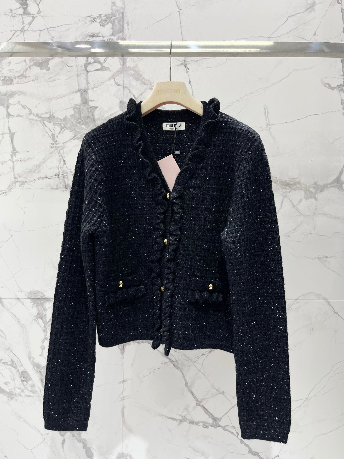 Miumiu 2025 Ruffled V-Neck Knit Cardigan Wool