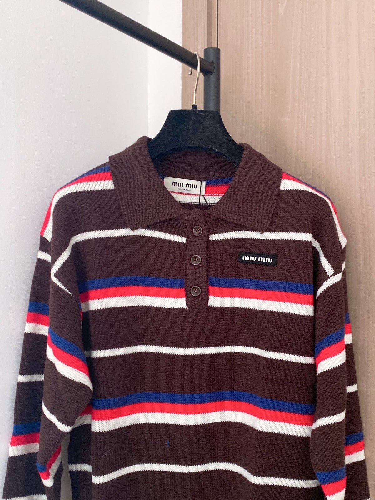 Miumiu 2025 Striped Knit Polo Shirt Blue and Brown Wool