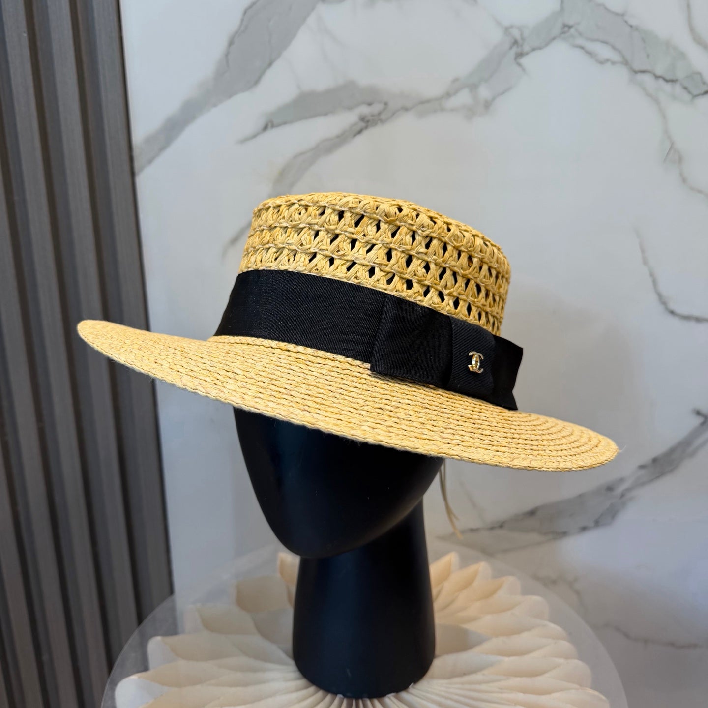 Chanel Straw Hat With Black Ribbon Accent 250043