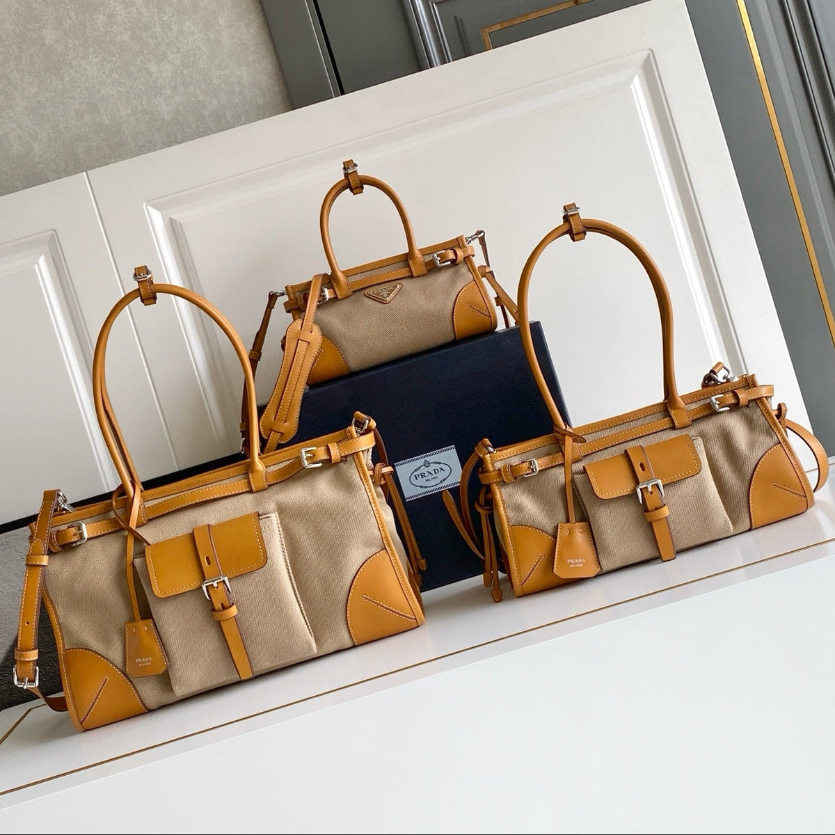 Prada 2026 Bonnie Tote Bag Brown Canvas Leather