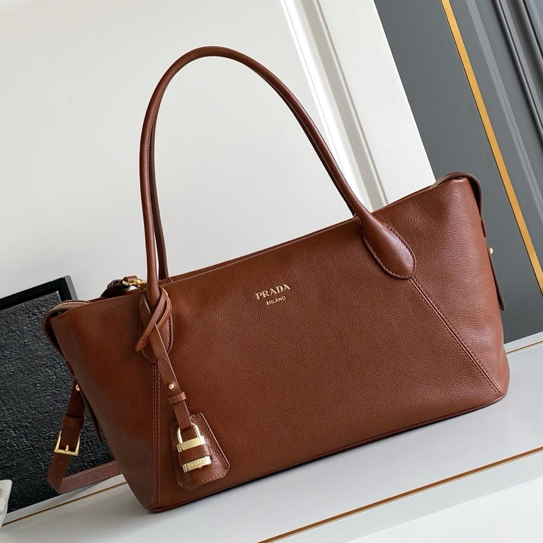 Prada 2026 Ouvert Large Leather Tote Bag 32cm Leather