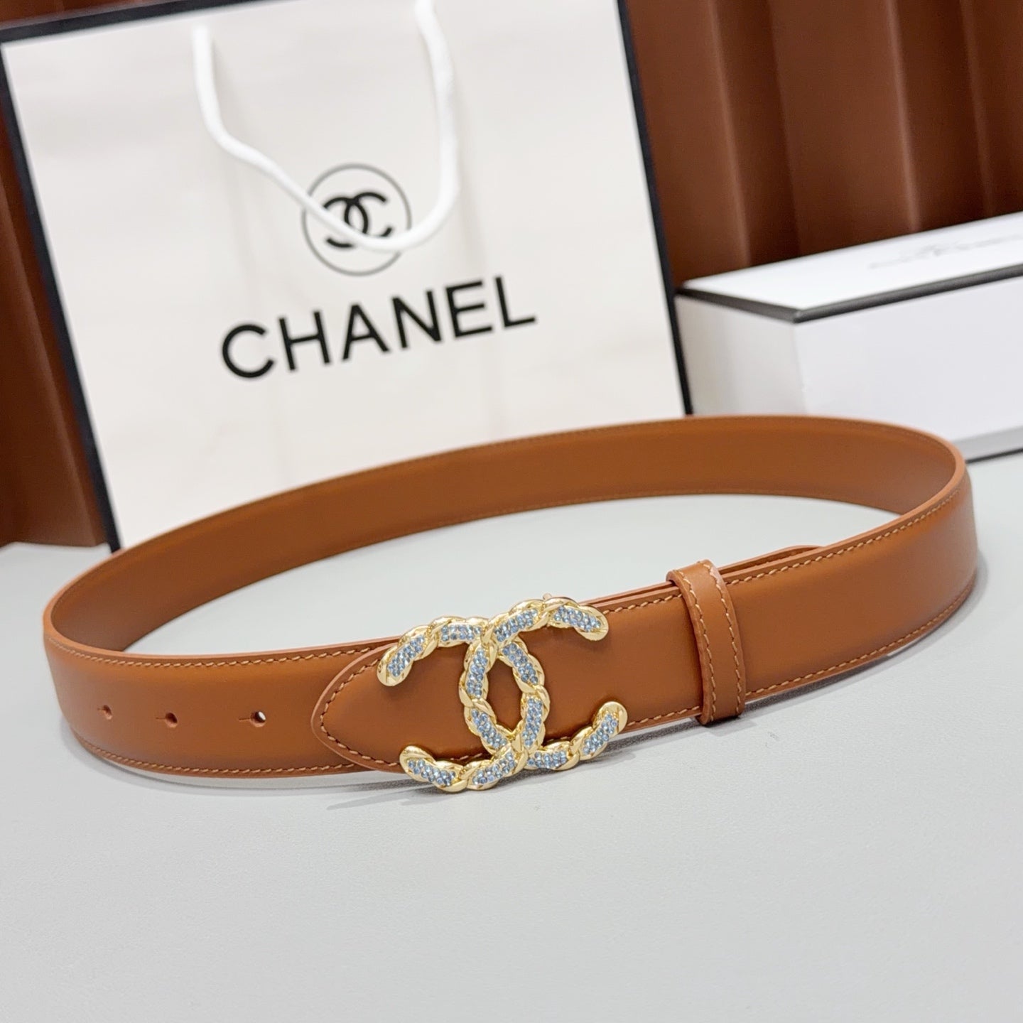 Chanel 2026 Double CC Crystal Buckle Belt 30mm Cowhide