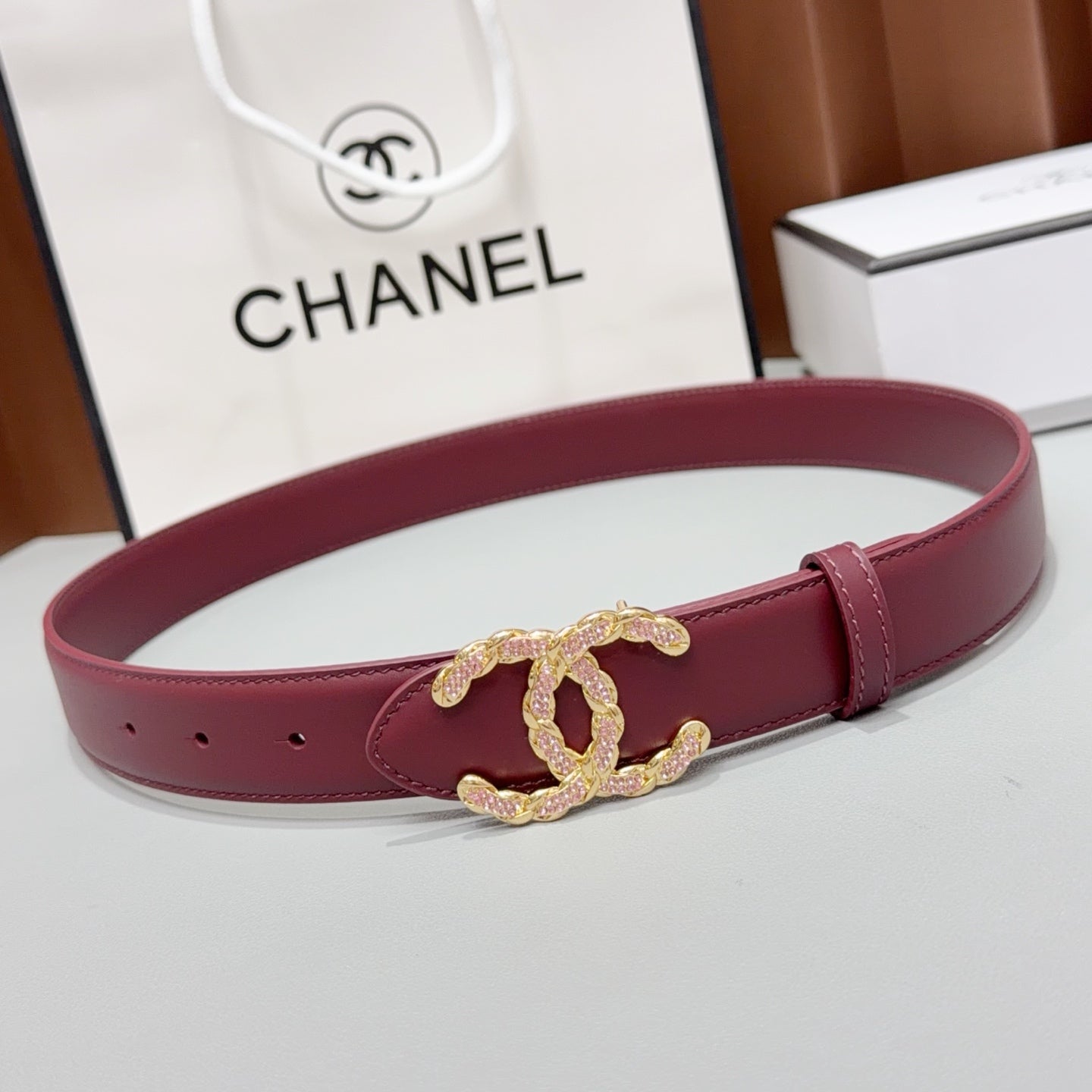 Chanel 2026 Double CC Crystal Buckle Belt 30mm Cowhide