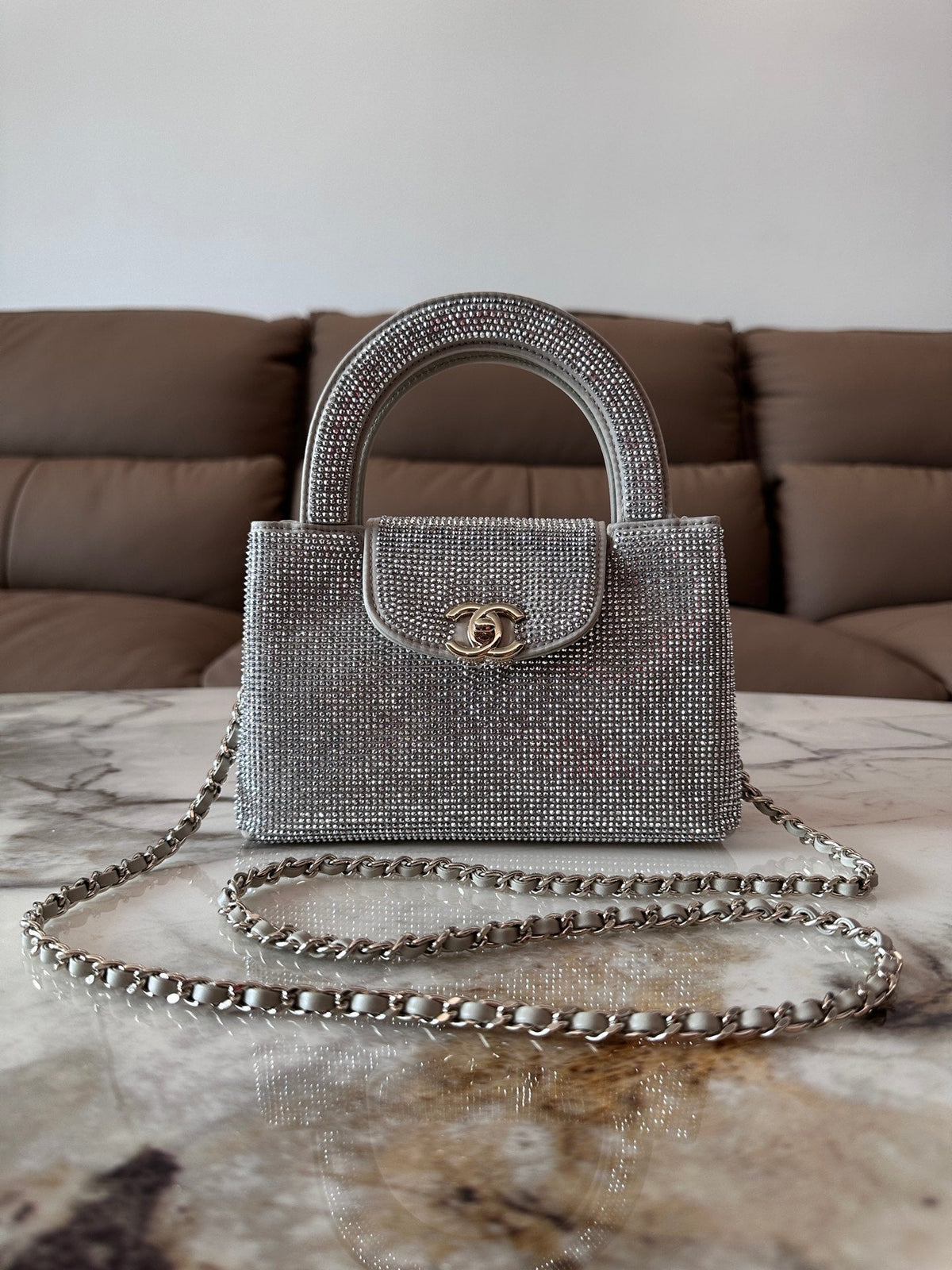 Chanel 2026 Bag 19cm Black And Silver Rhinestones Leather