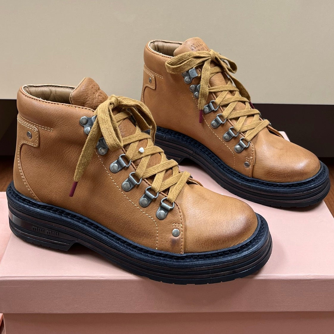 Miu Miu 2026 Lace-Up Boots Tan Leather 157085