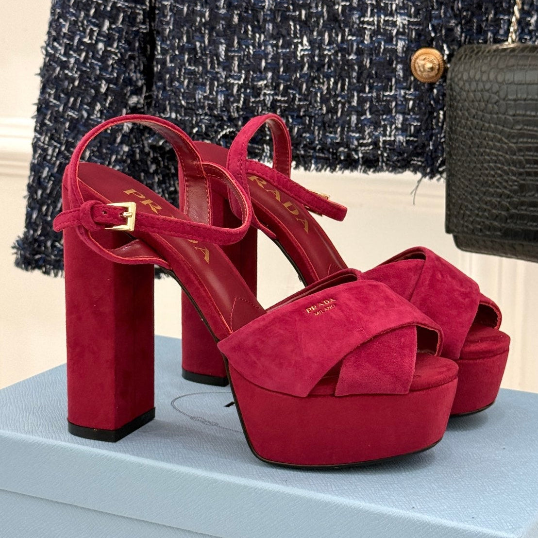 Prada 2026 Crisscross Platform Sandals 13cm Suede Leather 174856