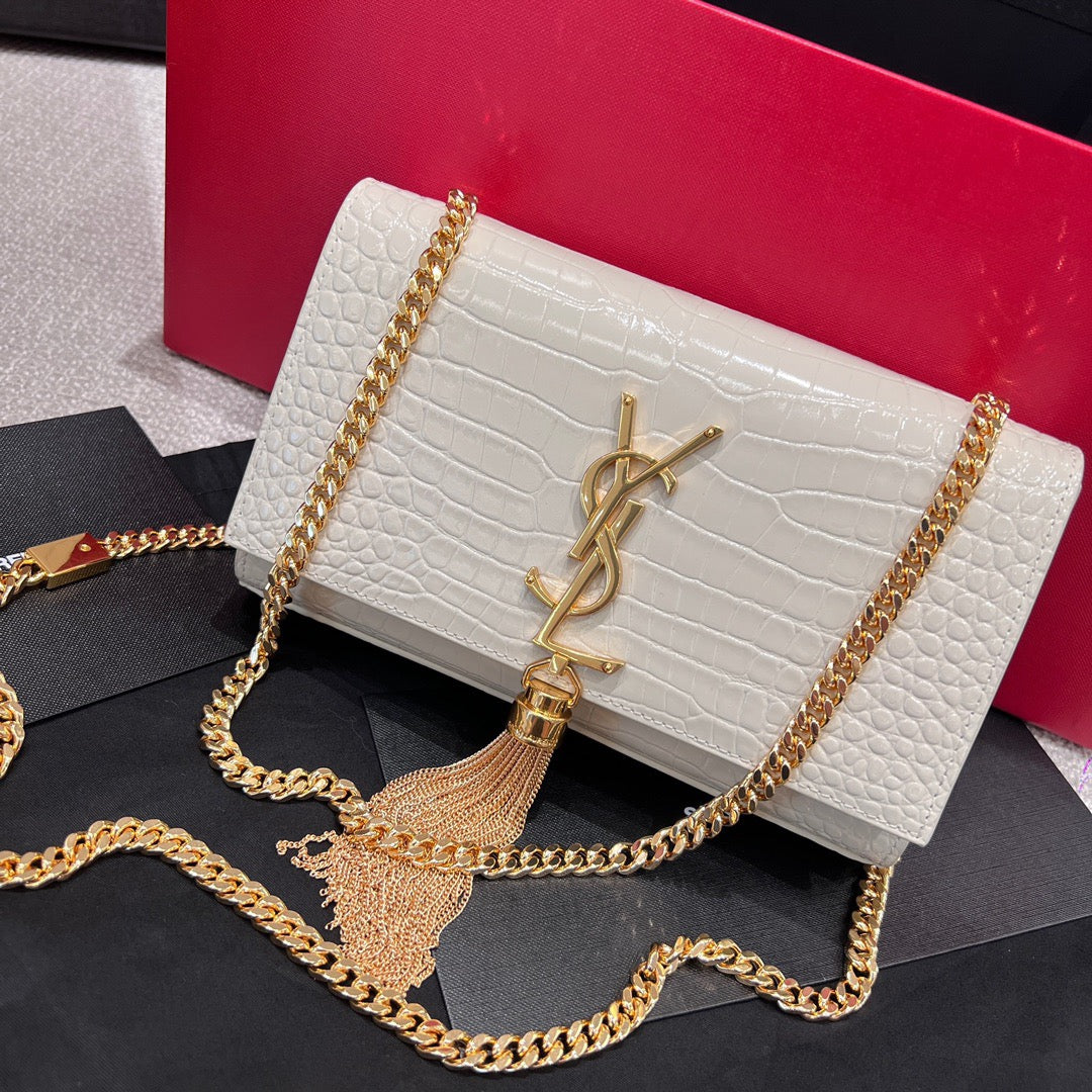 YSL 2026 Kate Bag 20cm Gold Hardware Croc-Embossed Leather