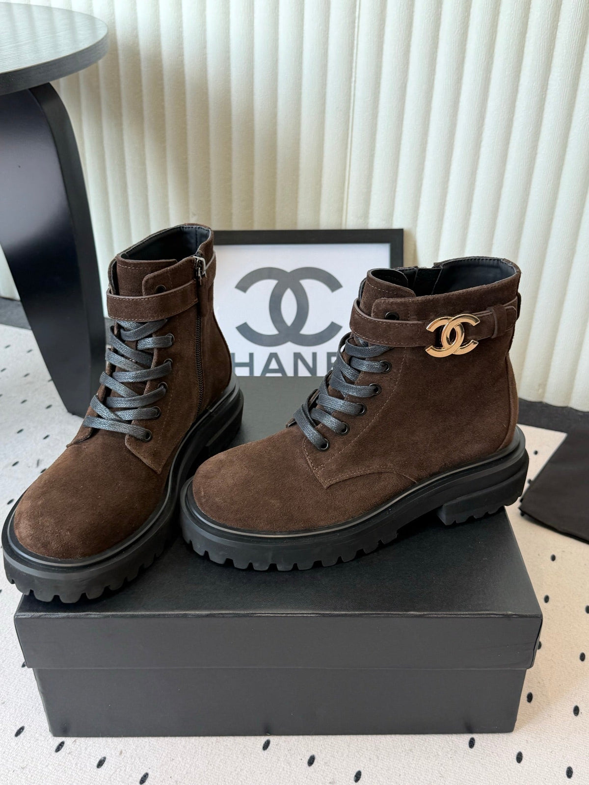 Chanel 2026 Lace Up Combat Boots Suede Leather 189927