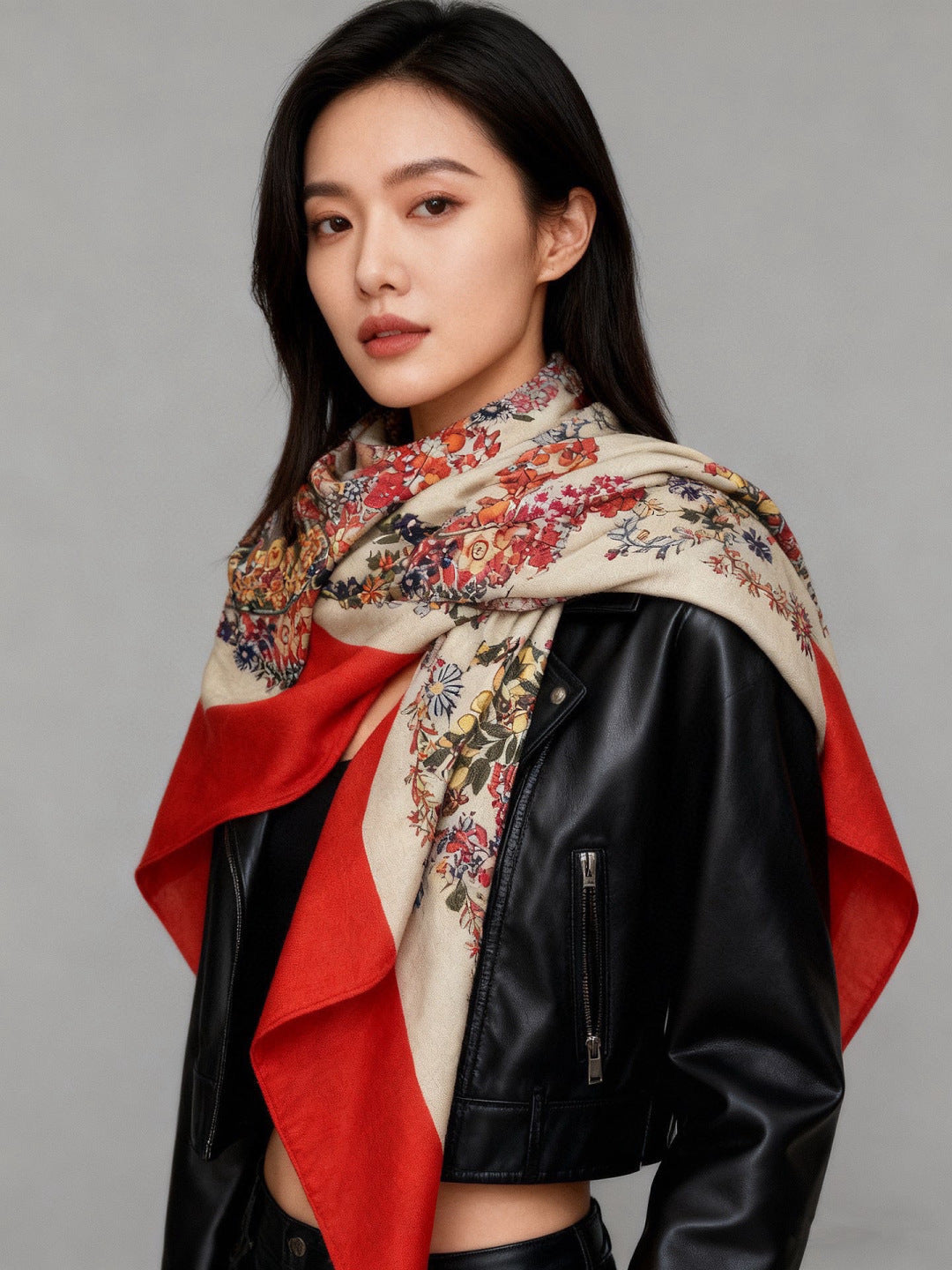 HM 25s Velvet Square Scarf 140cm Light Beige Red Cashmere 976213