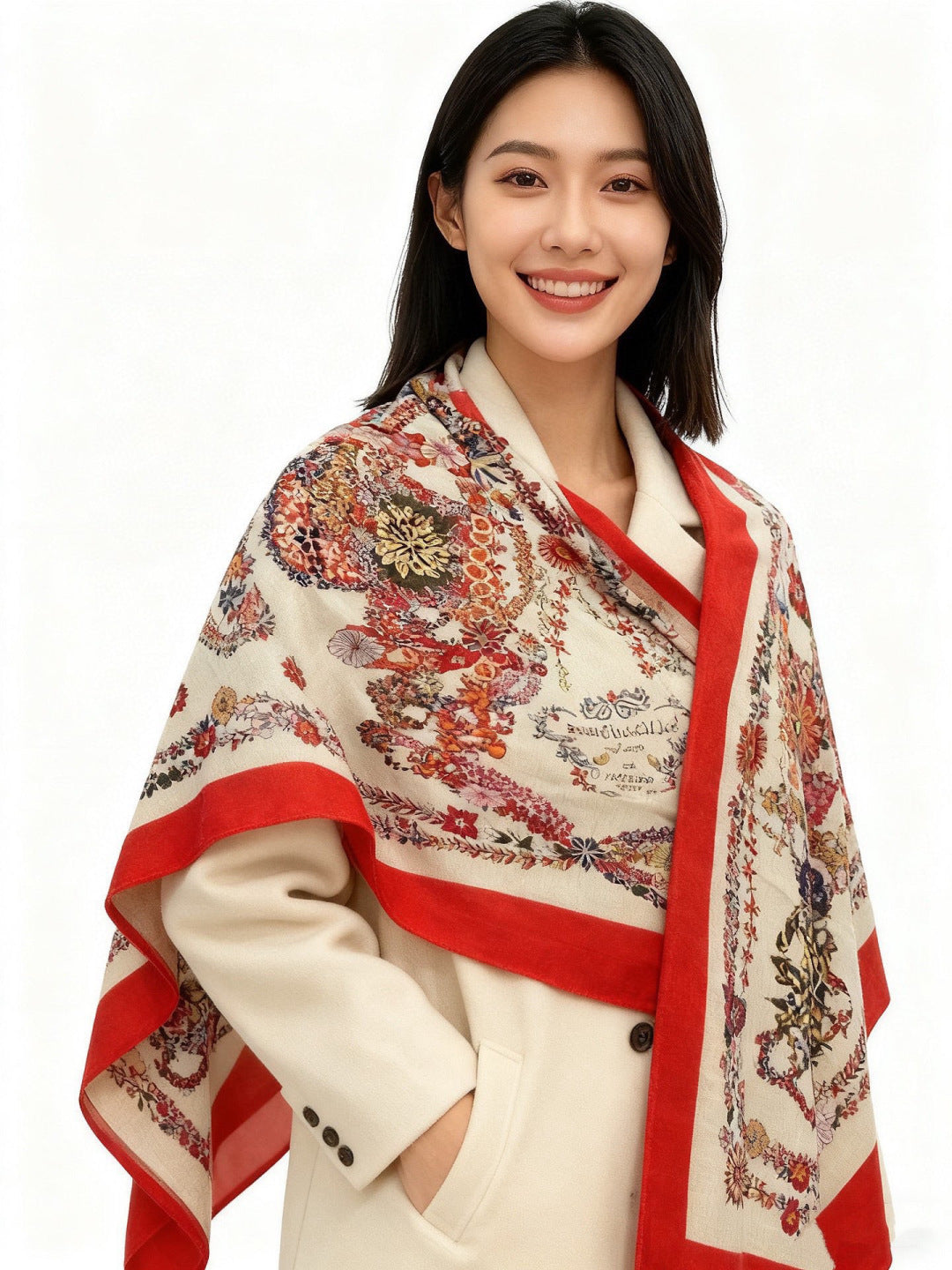 HM 25s Velvet Square Scarf 140cm Light Beige Red Cashmere 976213